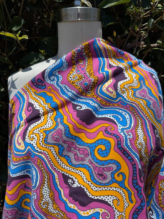 Blue Purple Yellow Retro Inspired Women Portrait  Print Cotton Spandex Jersey "Psychedelic Portrait