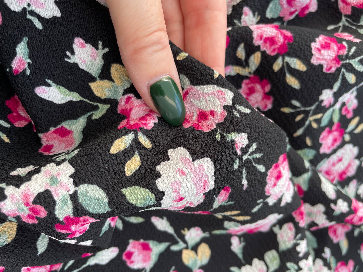 Black Pink Green Roses Vine Polyester Crepe " Mila's Garden"
