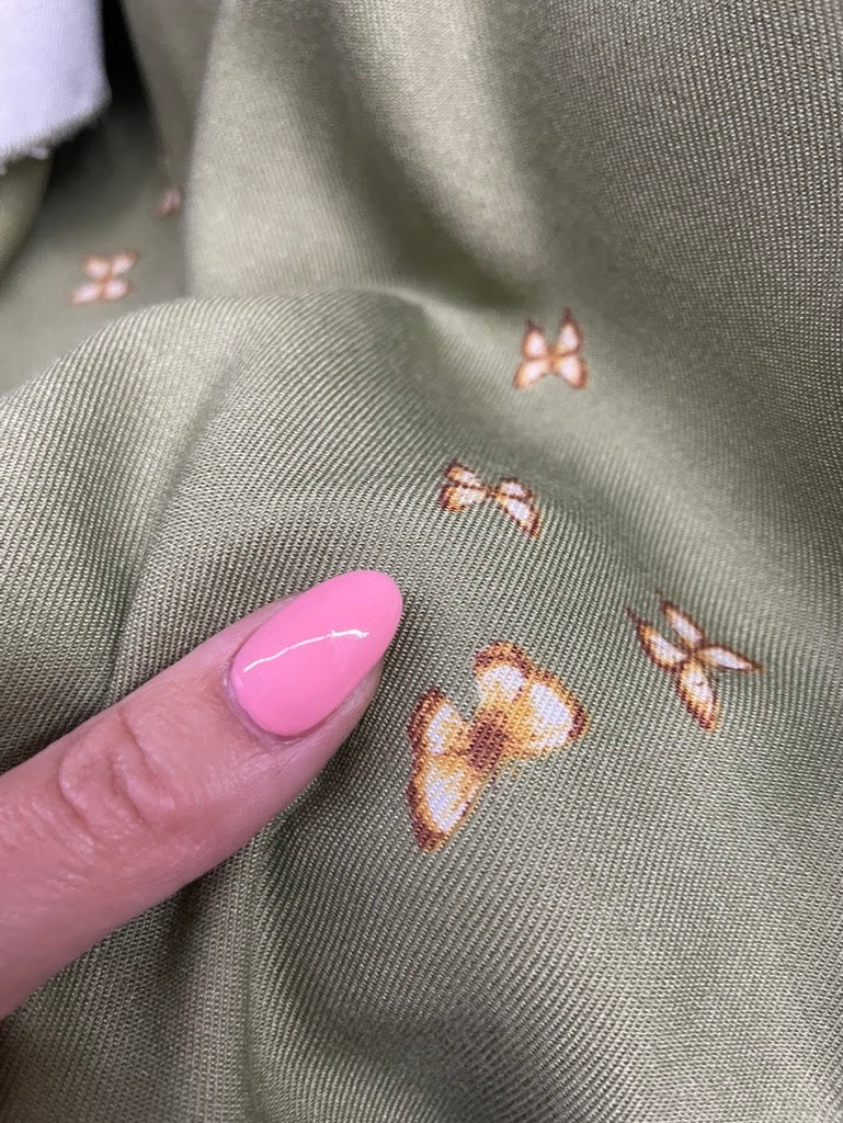 Green Ivory Brown Moth Butterfly Rayon Twill Challis Woven "Box Tree Moth"