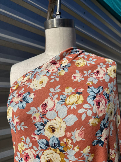 Terracota Rust Yellow Blue Rose Floral Print Rayon Spandex Jersey "Blossming Blooms"