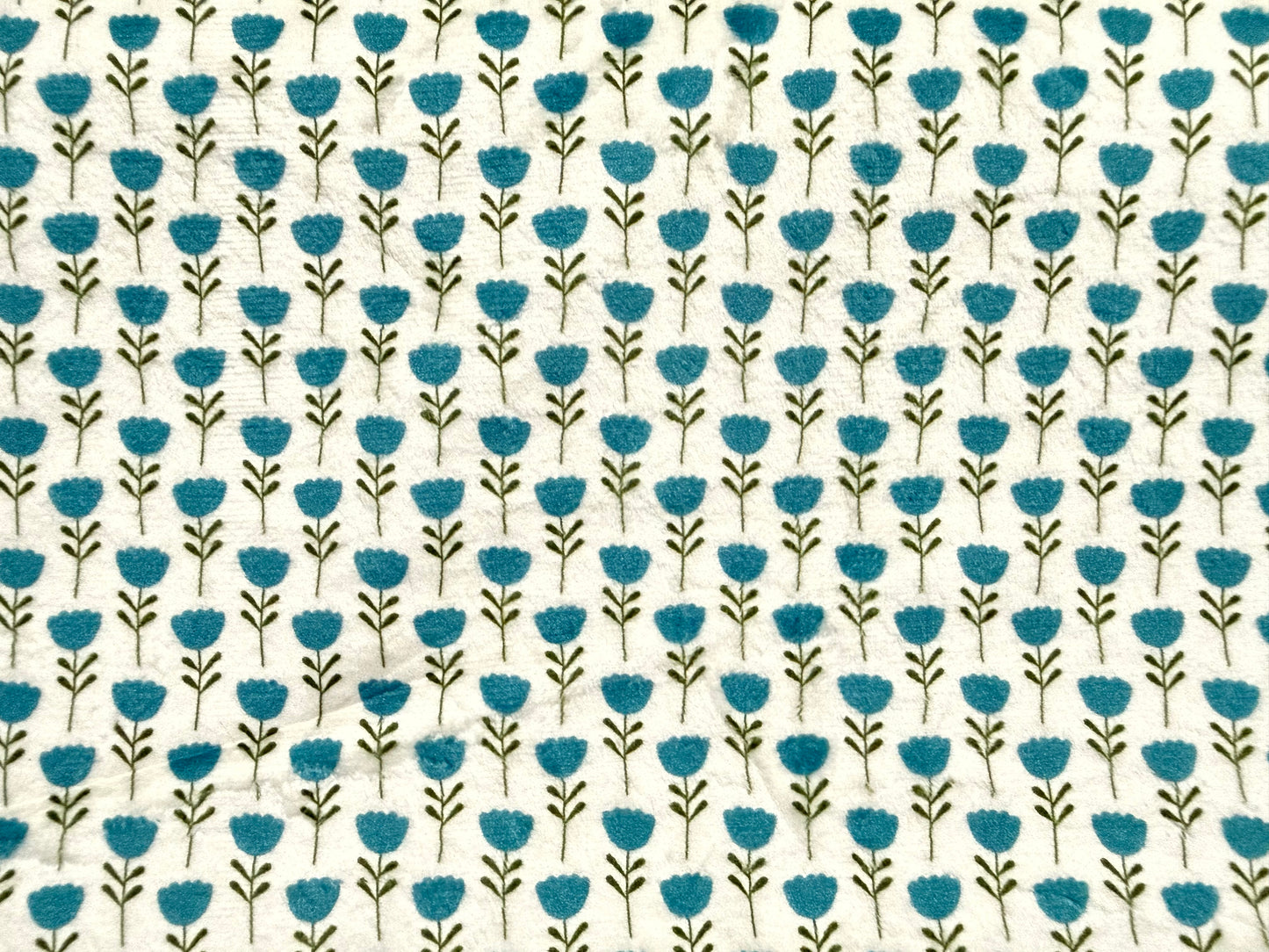 White Blue Floral Ditsy Print Minky Polyester "Tulip Cutie”