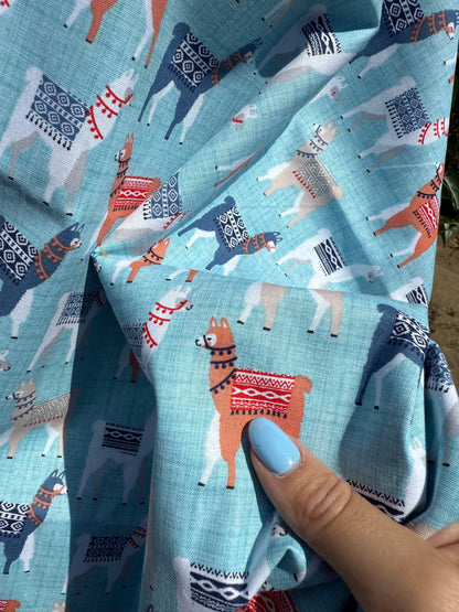 Blue Lama Print Cotton Poplin Quilting "Lama Drama"