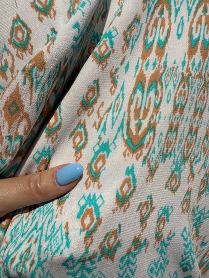 Turquoise Tan Brown White Southwest Geometric Print Rayon Soft Crepe Woven "Tuscon Breeze"