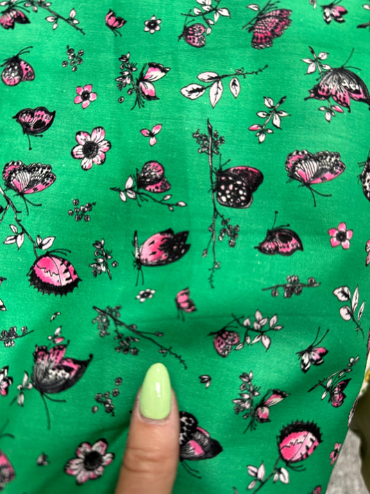 Green Pink Butterfly Floral Print Quilt Cotton "Green Meadows “