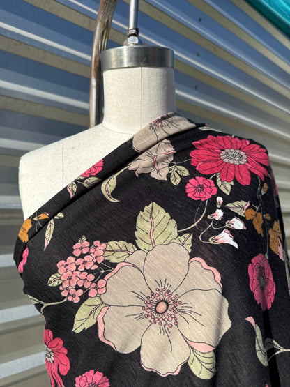 Black Pink Green Floral Print Slub Cotton  Jersey "Anhelo Blooms"
