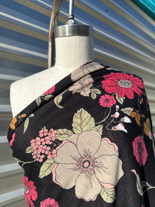 Black Pink Green Floral Print Slub Cotton  Jersey "Anhelo Blooms"