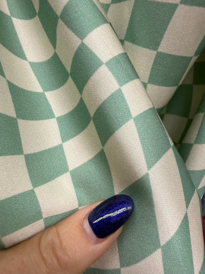 Sage Green Cream Abstract Checker Rayon Satin Woven “Sage Check”