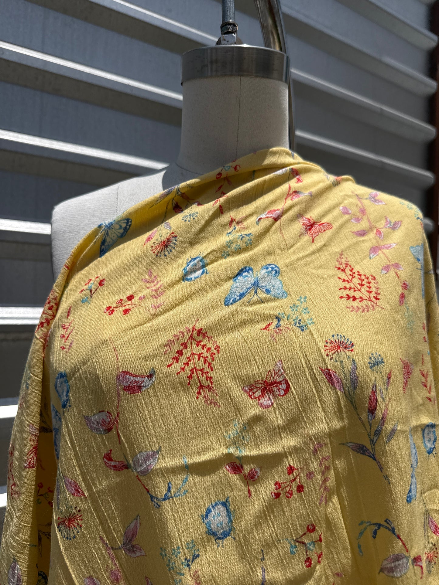 Yellow Red Blue Butterfly Floral Print Rayon Crepe Woven "Swallowtail"