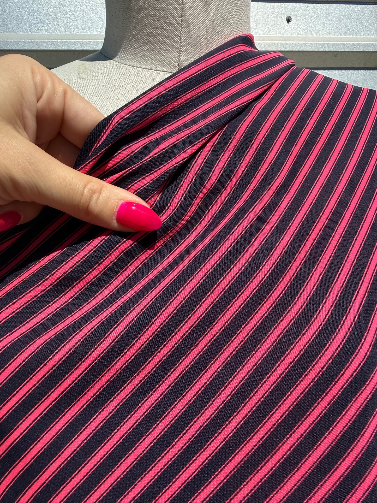 Neon Pink Navy Thin Stripe Polyester Woven "Legally Pink"