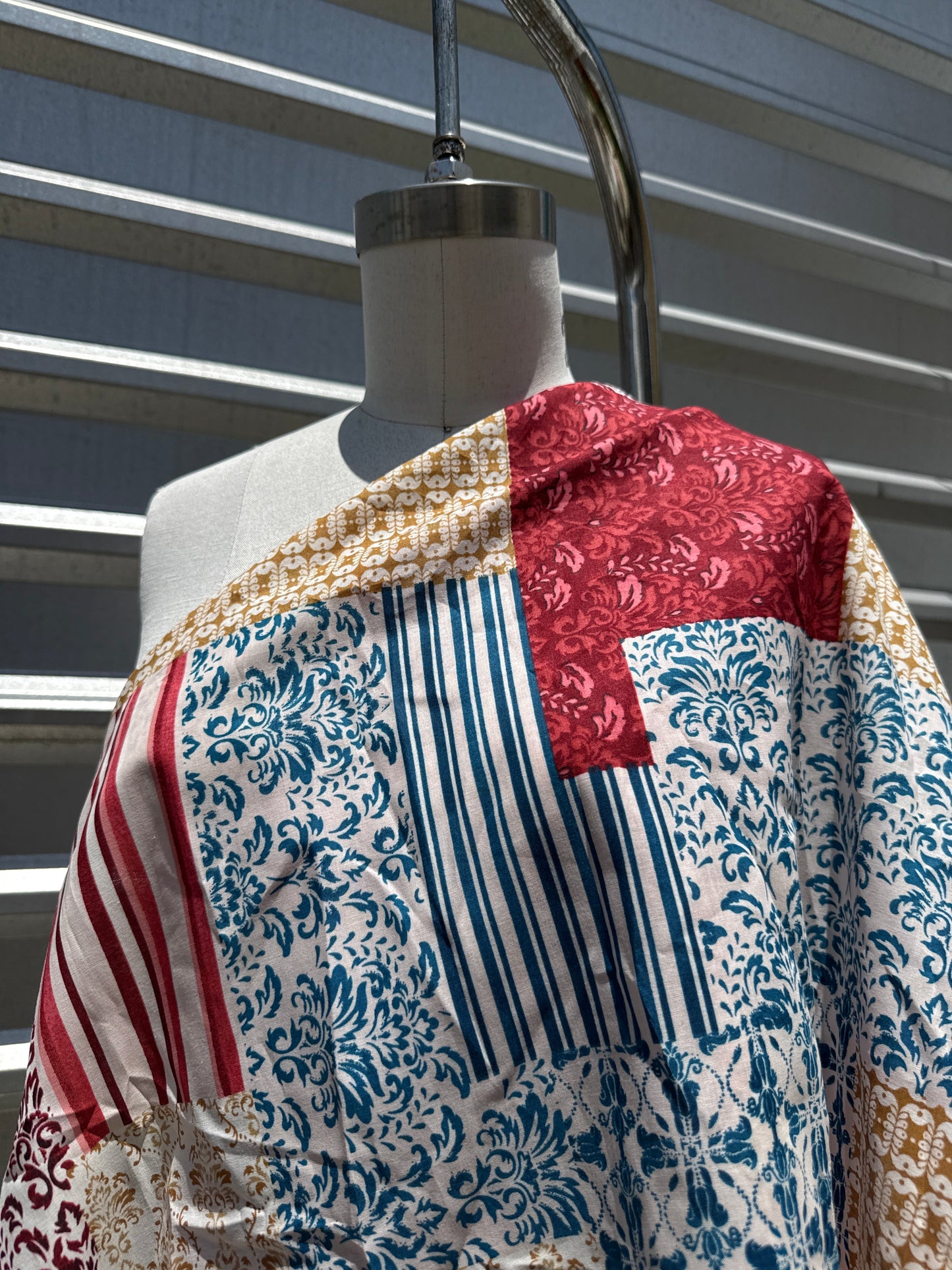 Red Blue Mustard Yellow Pink White Stripe Damask pattern Patchwork "Rocco Patchwork"