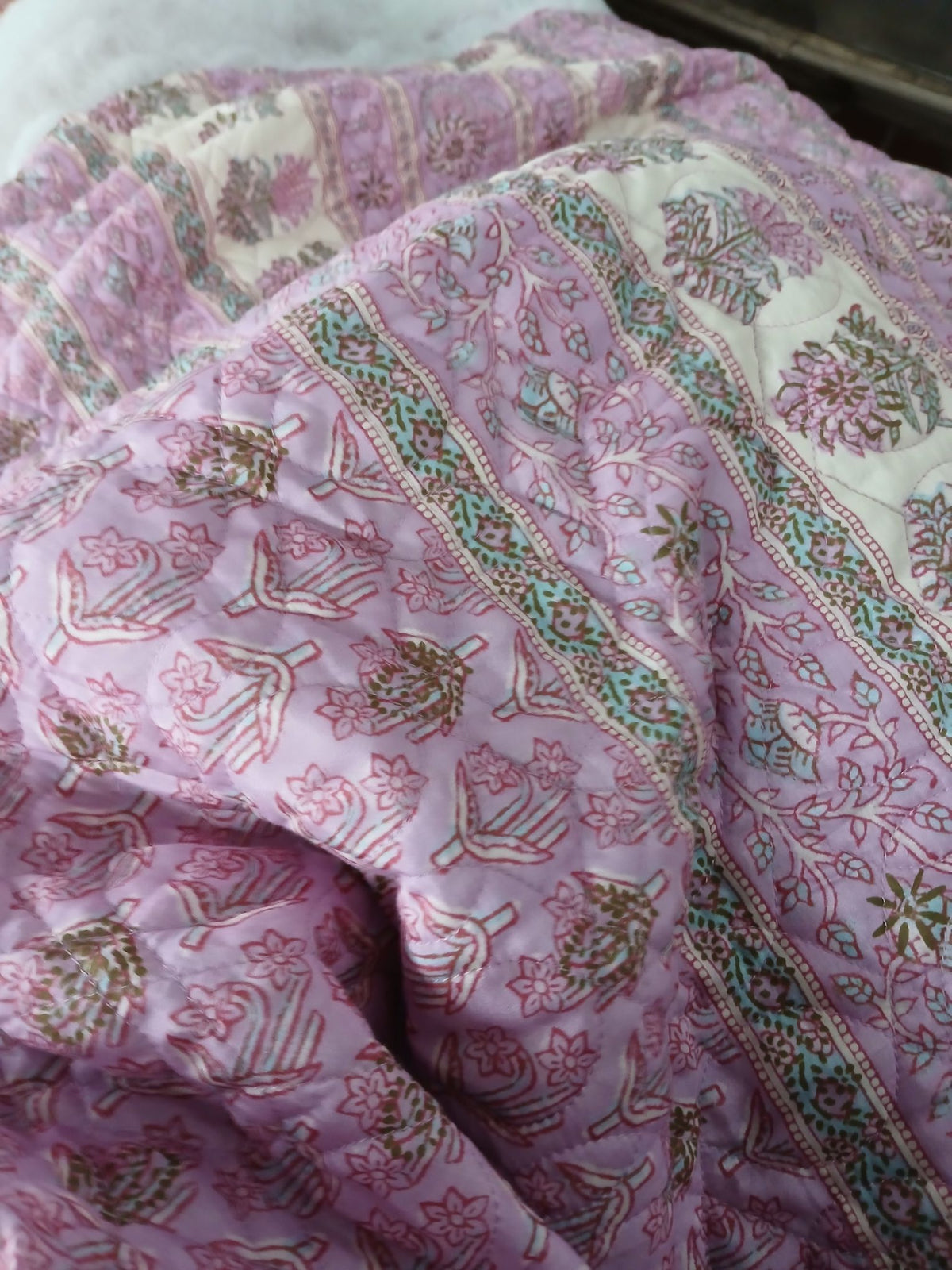 Pink White Block Floral  Print Cotton Sateen Quilted “Keya”