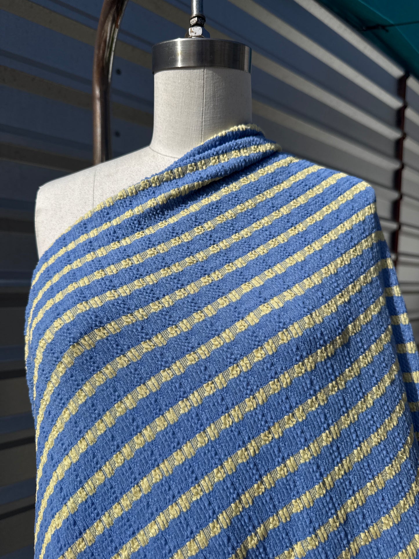 Blue Yellow Stripe Smocked Cotton Spandex Knit “Lemon Drop”