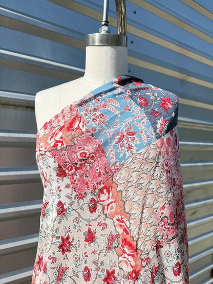 Blue Pink Floral Paisley Patchwork Print Rayon Crepe Woven "Morgan"