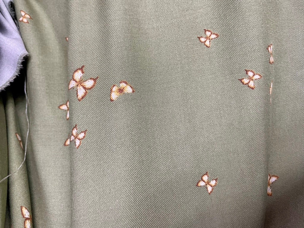 Green Ivory Brown Moth Butterfly Rayon Twill Challis Woven "Box Tree Moth"