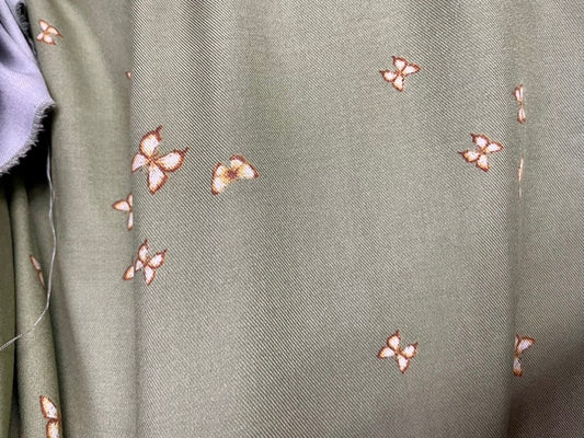 Green Ivory Brown Moth Butterfly Rayon Twill Challis Woven "Box Tree Moth"