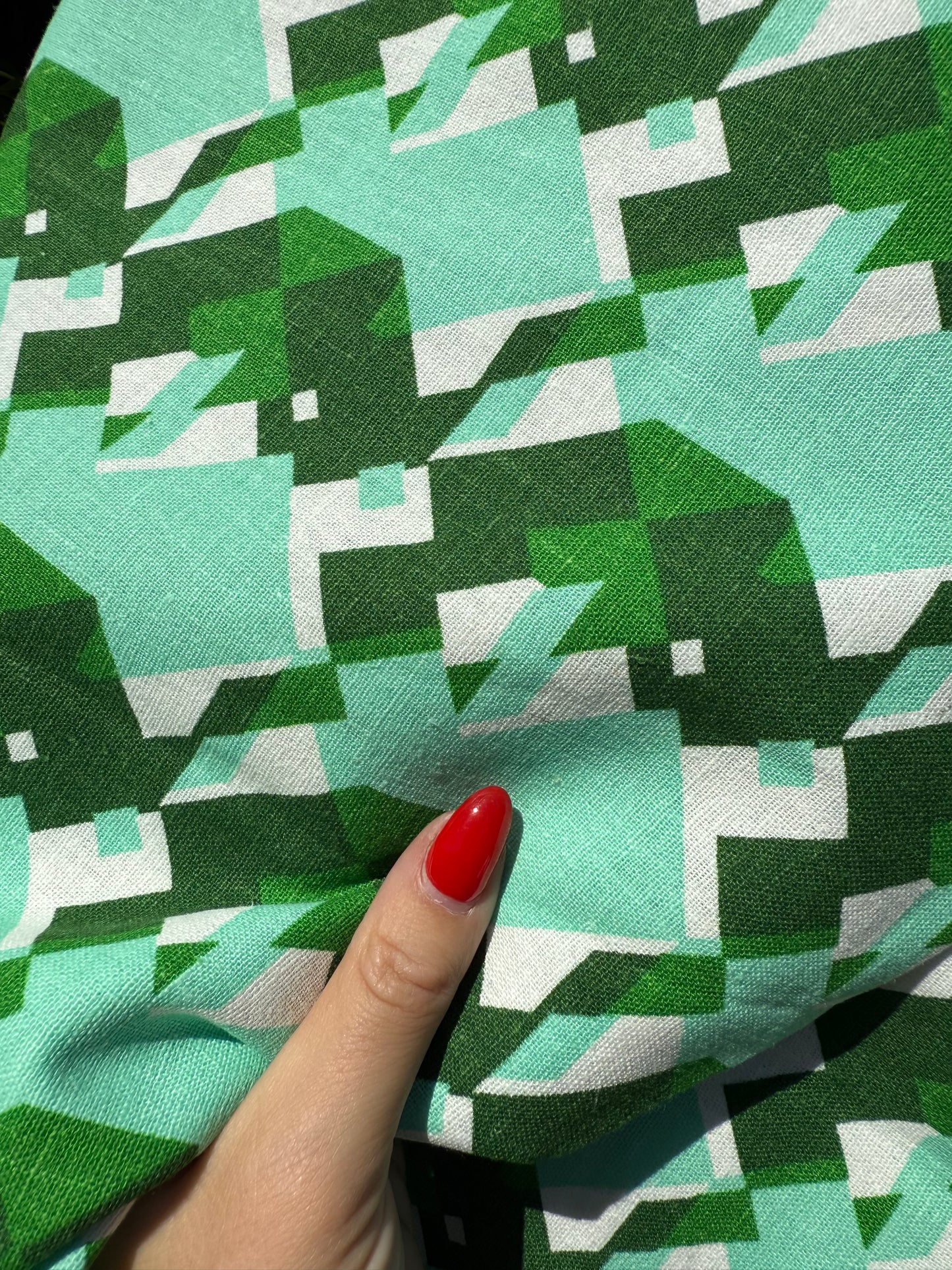 Green Mint White Geometric Print Cotton/Linen "Pixelated Forest"