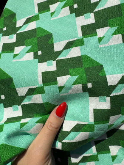 Green Mint White Geometric Print Cotton/Linen "Pixelated Forest"