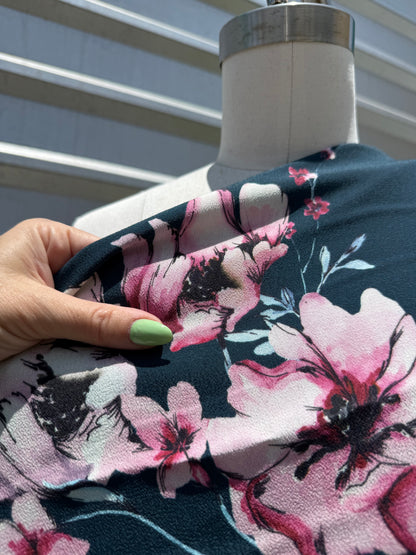 Teal Pink Watercolor Peony Floral Rayon Crepe Woven ‘Teal Blossom’