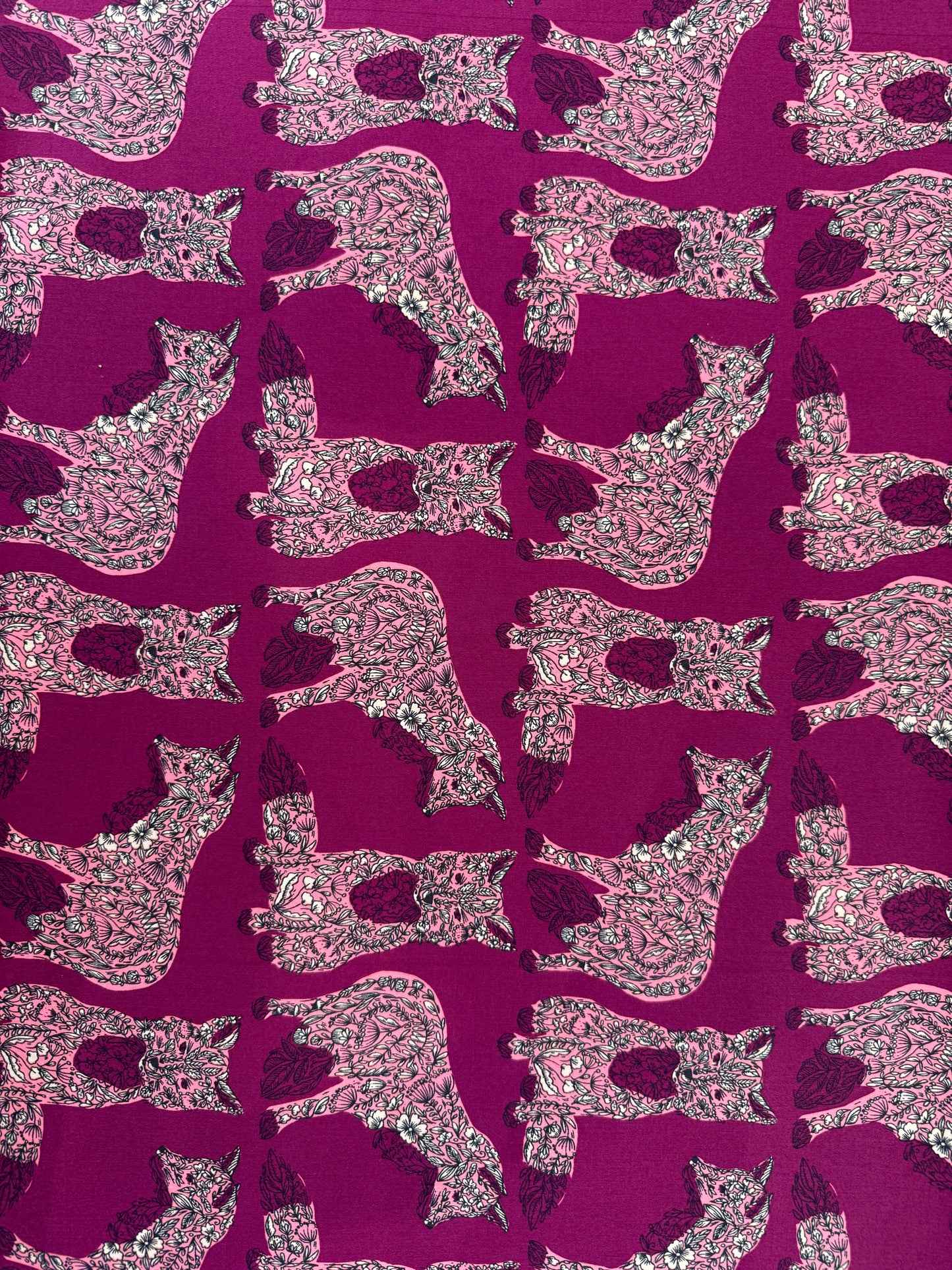 Pink Floral Fox Print Cotton Spandex Sateen Woven "Fox Bouquet"