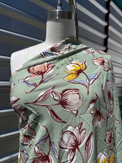 Sage Green Pink Blue Tulips Floral Print Rayon Challis Woven "Sweet Blooms"