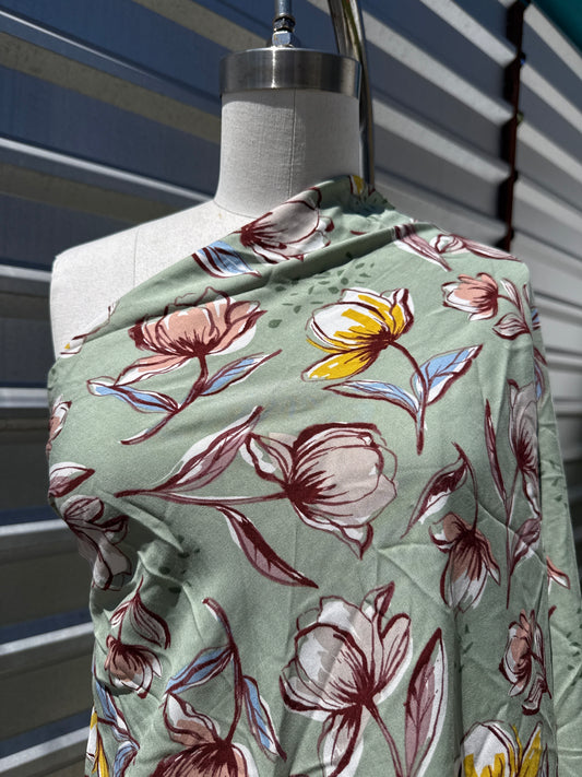 Sage Green Pink Blue Tulips Floral Print Rayon Challis Woven "Sweet Blooms"