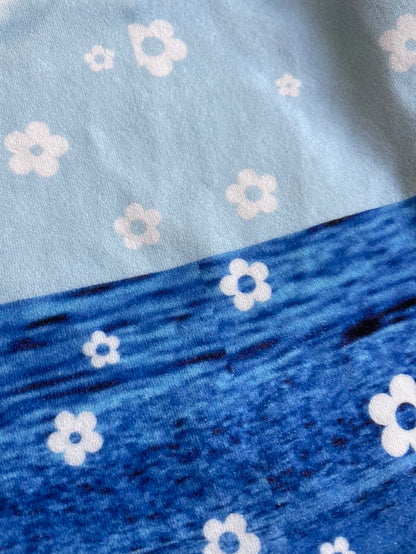 Blue White Ocean wave Mini Floral Terry Cloth Polyester Knit "Tidal Blooms"