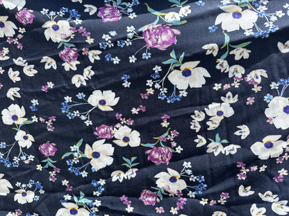 Blue White Purple Green Floral Rayon Challis Woven "Arlene's Garden"