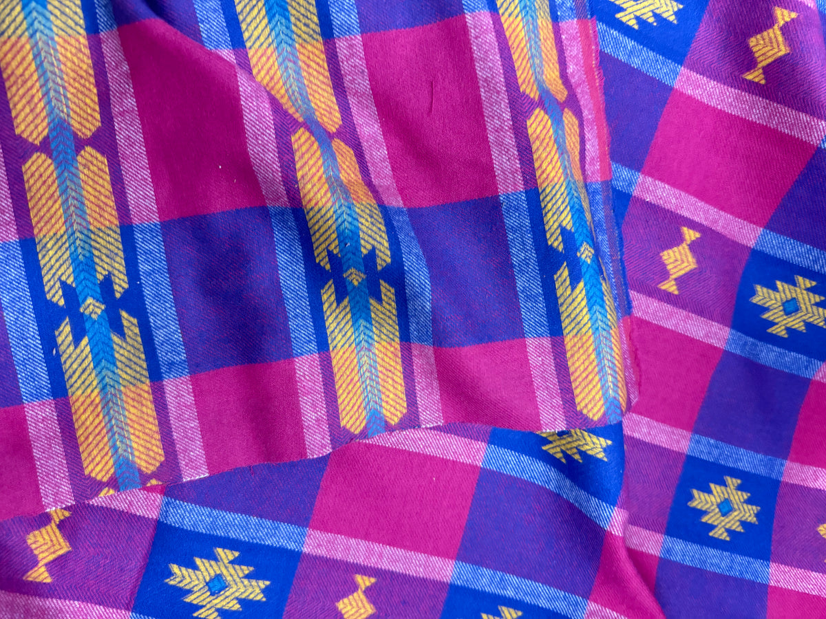 Blue Pink Yellow Southwest Geometric Cotton Plaid Flannel "Nighttime at Aurora Cabin”