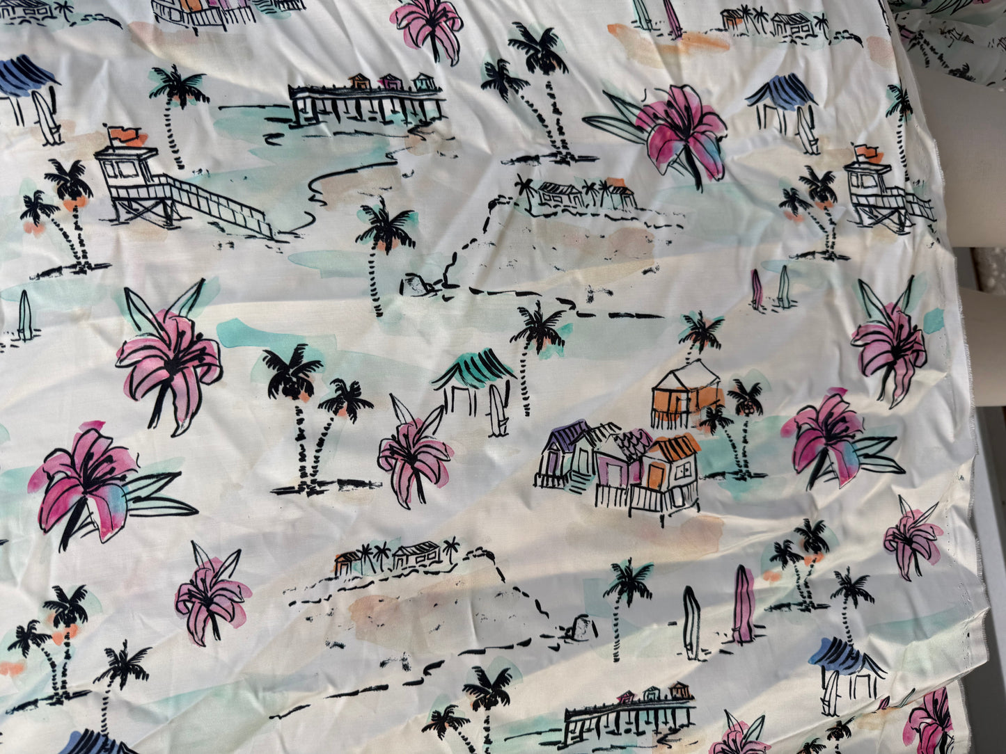 Black Orange Blue Pink Purple Ivory Tan Floral Beach Palm Tree Rayon Satin Woven "Island Breeze"