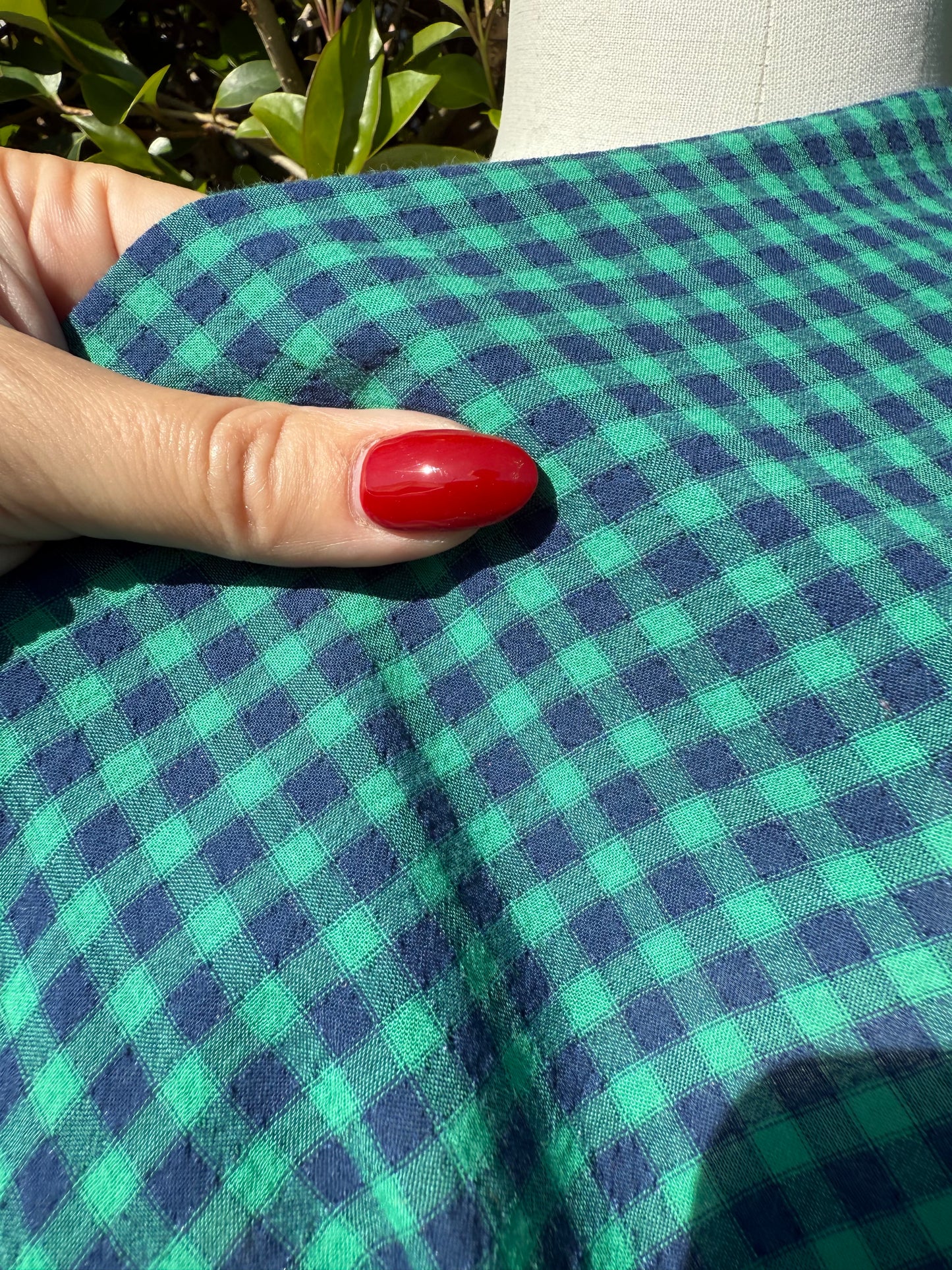 Green Blue Ditsy Gingham Plaid Sheer Cotton Voile "Spinach Farm"