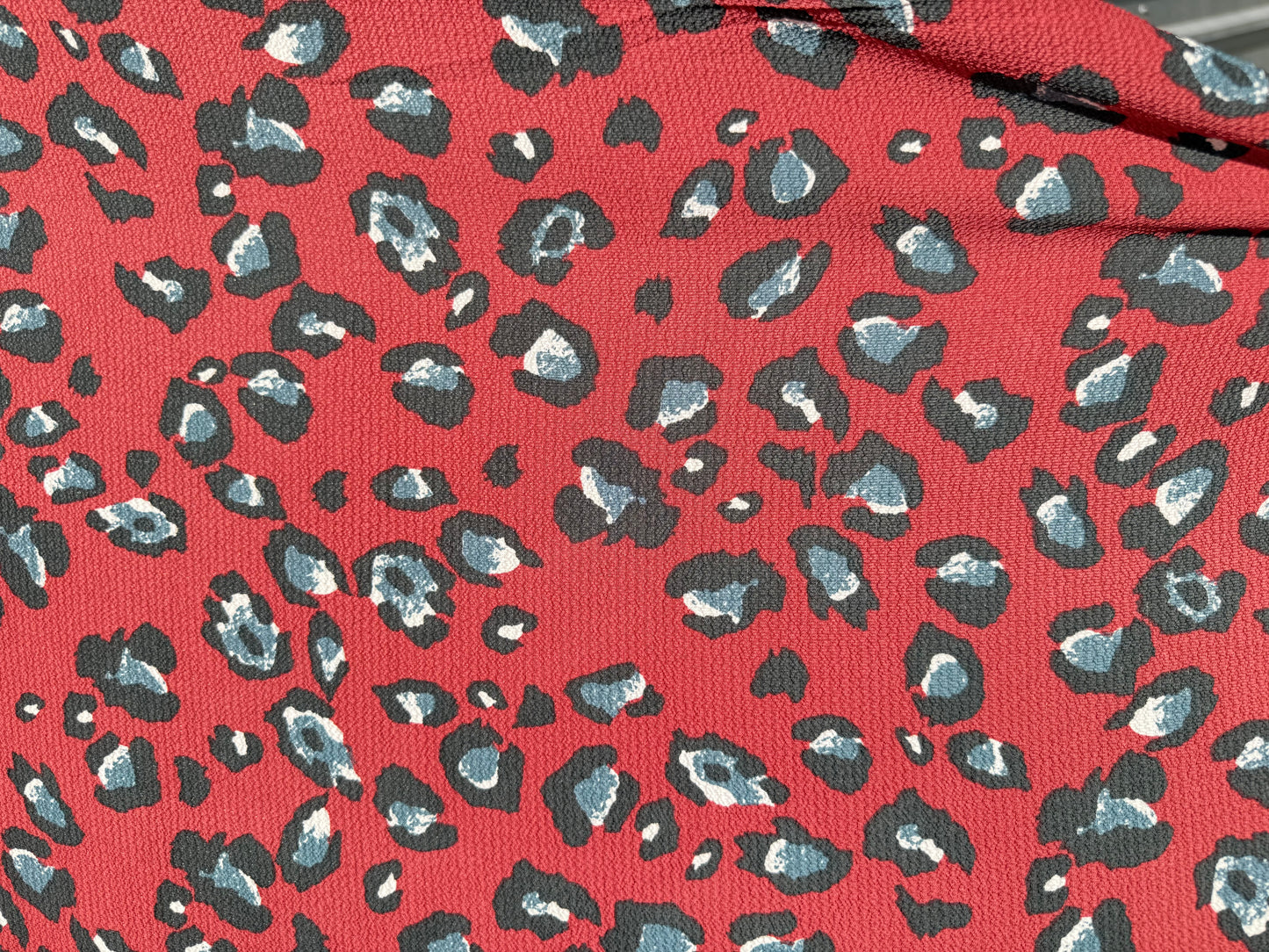 Red Black White Blue Leopard Print Polyester Crepe "Crimson Cat"
