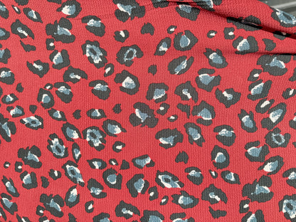 Red Black White Blue Leopard Print Polyester Crepe "Crimson Cat"