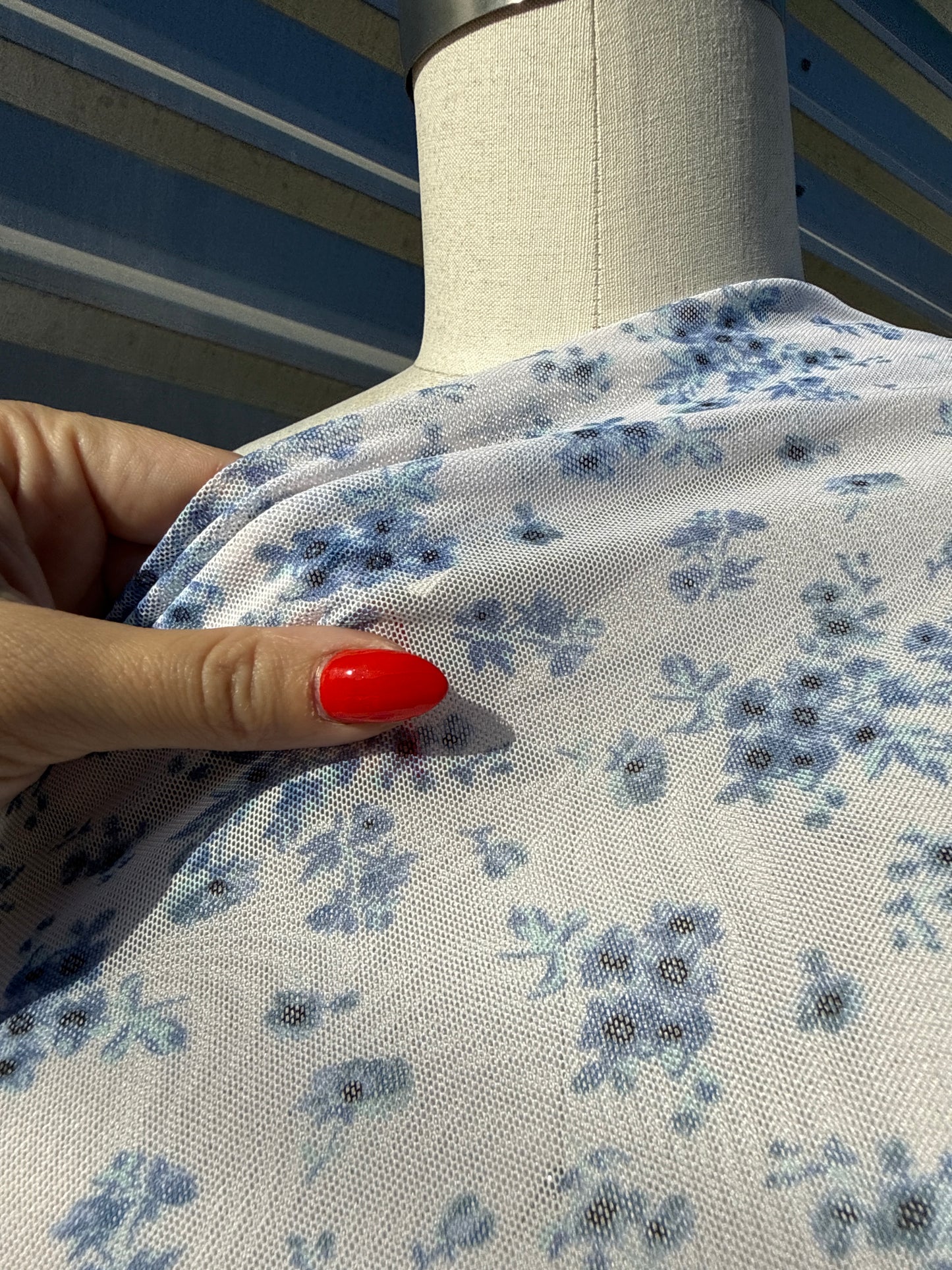 Blue White Floral Micro Stretch Mesh Polyester Spandex Knit "Delftware Bouquet "