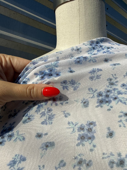Blue White Floral Micro Stretch Mesh Polyester Spandex Knit "Delftware Bouquet "