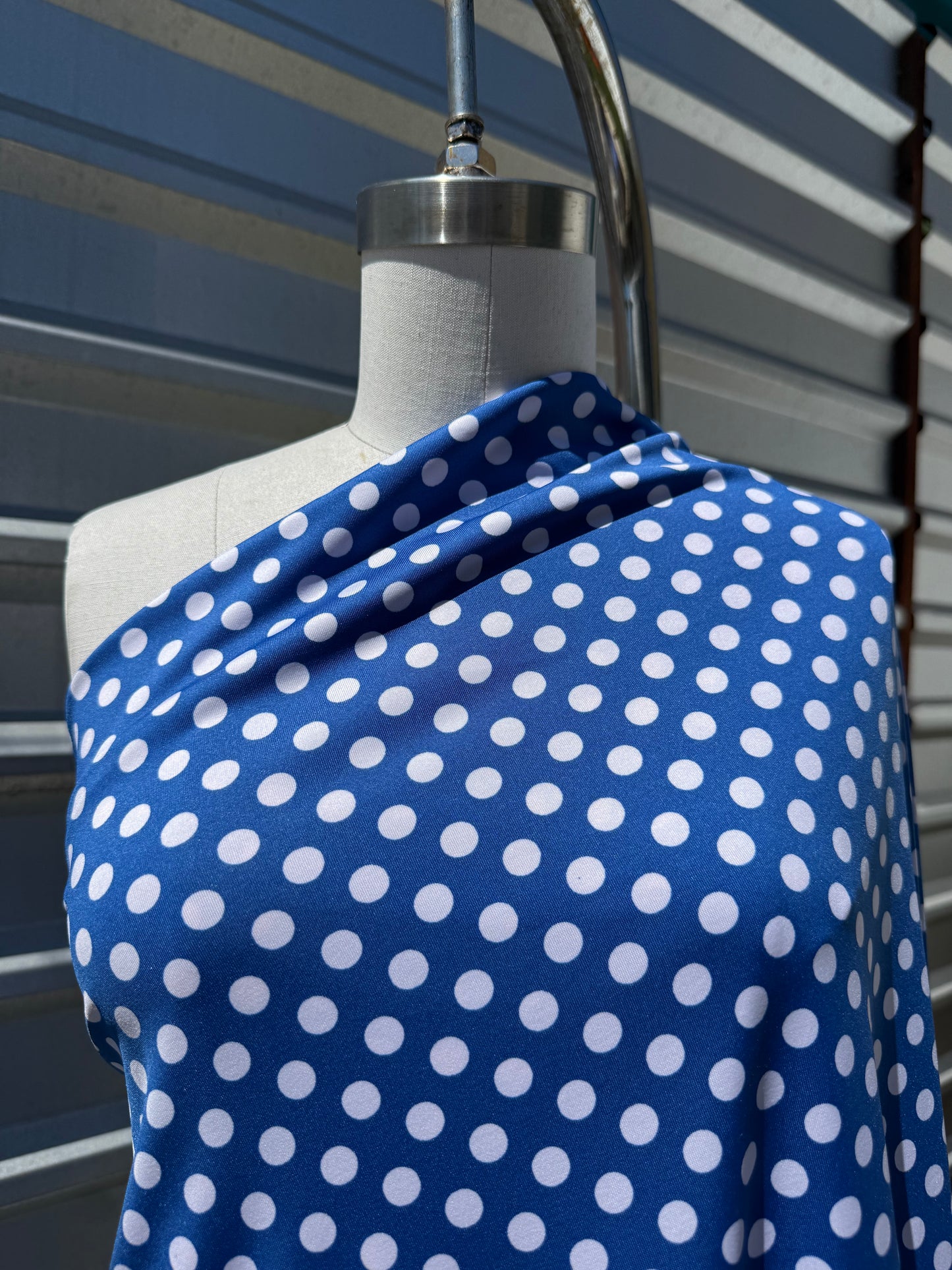 Navy Blue White Polkadot Nylon Spandex Swim Knit “ Betty’s Cannonball “