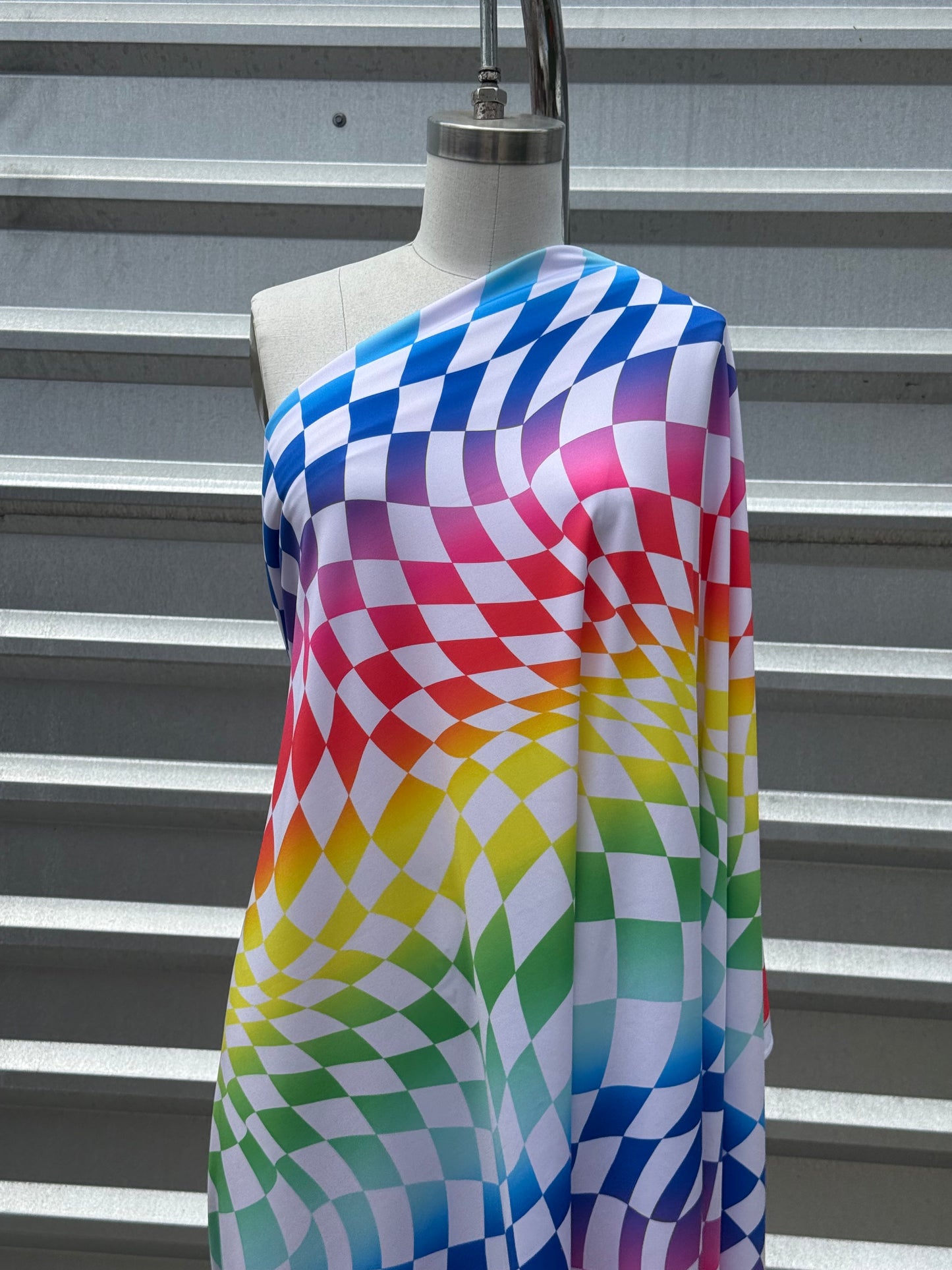 Pink Green Blue Rainbow White Wavy Checker Print Nylon Spandex Swim Knit "Rainbow Waves"