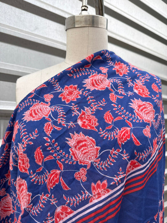 Blue Red Floral Paisley Flower Print Cotton Gauze Woven "Dance in Bali"