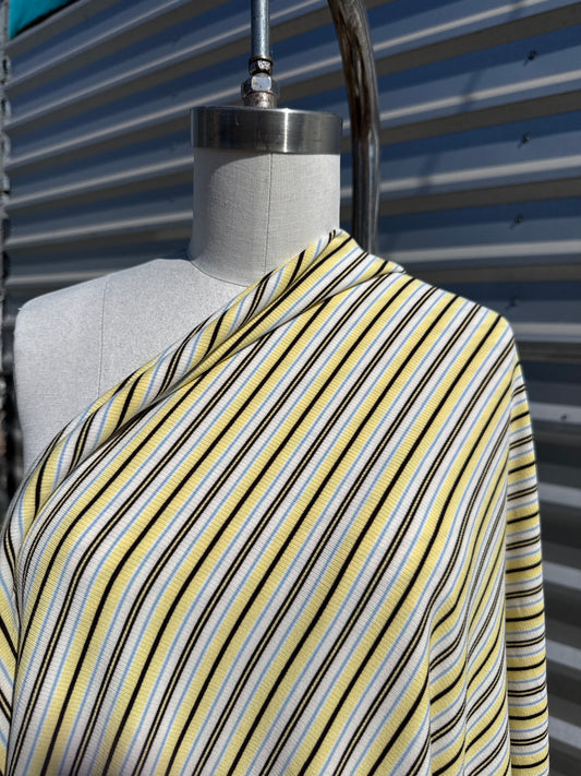 White Butter Yellow Black Blue Stripe 2x1 Soft Rayon Spandex Rib Knit "By Tomorrow"
