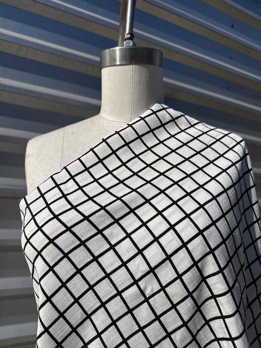 White Black Grid Square Print Rayon Crepe Woven "Plotting Grid"