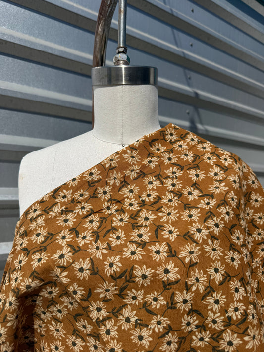 Gold Yellow Cream Daisy Print Cotton Linen Fabric "Willow at Dawn"