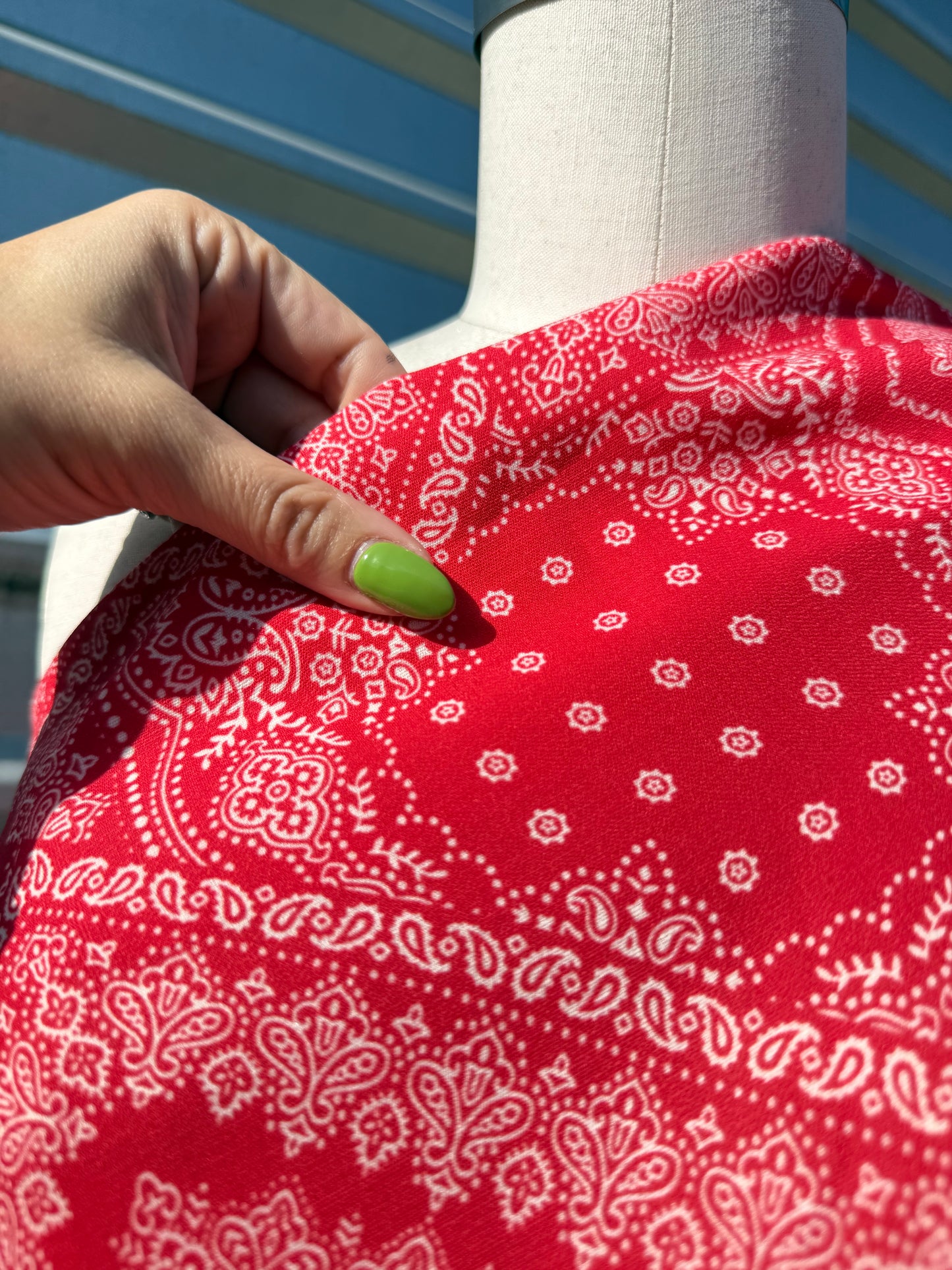 Red White Paisley Bandana Print Polyester Woven "Carter Cutie"