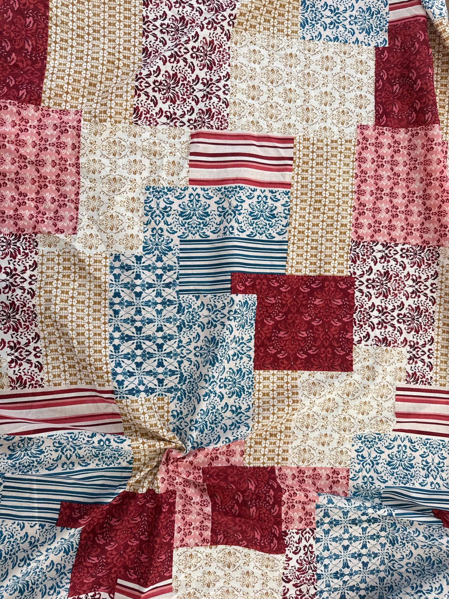 Red Blue Mustard Yellow Pink White Stripe Damask pattern Patchwork "Rocco Patchwork"