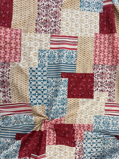 Red Blue Mustard Yellow Pink White Stripe Damask pattern Patchwork "Rocco Patchwork"