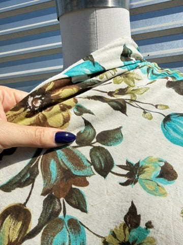 Oatmeal Teal Brown  Floral Print Rayon Linen Jersey Knit “Rosemary"