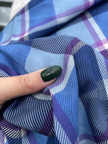 Blue Purple White Plaid Rayon Challis Woven “Heather Weather”