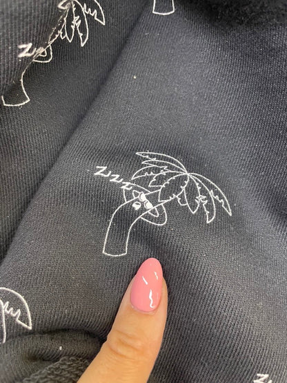 Black White Palm Tree Line Art Vintage Print Cotton Fleece Knit " Lounge Palm"