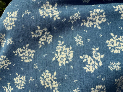 Blue White Floral Rayon Crepe Woven "Sunbleached blooms"