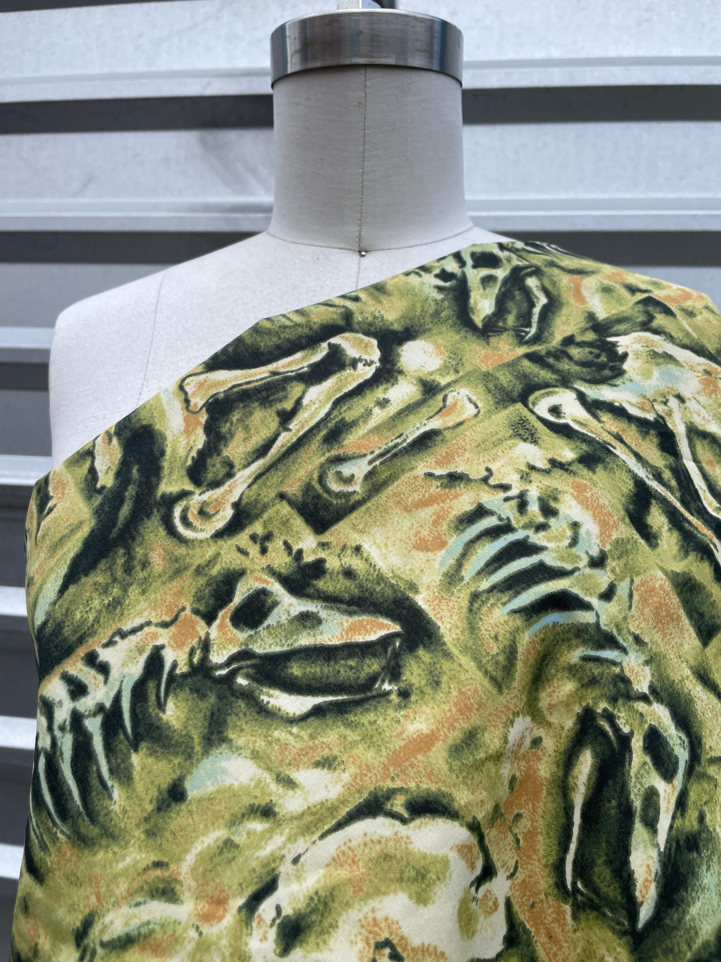 Olive Green Taupe Dinosaur Bone Print Polyester Poplin Vintage " Clever Girl"