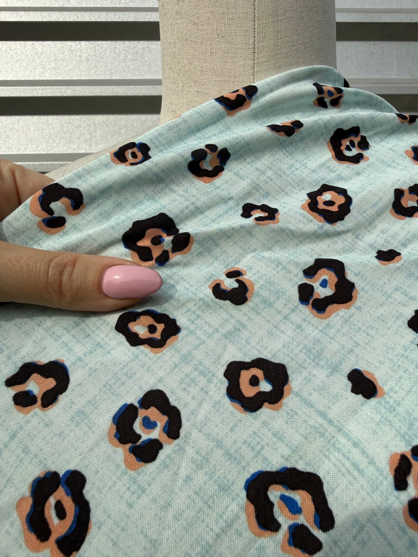 Light Blue Orange Leopard Print Rayon Challis Woven "Blue Hill Leo"