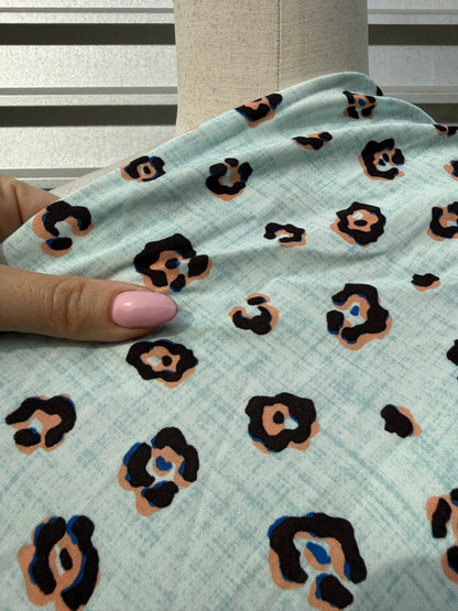 Light Blue Orange Leopard Print Rayon Challis Woven "Blue Hill Leo"